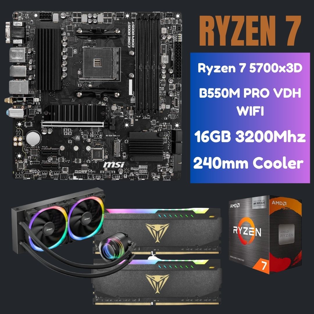 AMD Ryzen 7 5700x3D, MSI B550M PRO VDH-Wifi, 16GB RGB RAM, 240mm Liquid Cooler Upgrade Kit